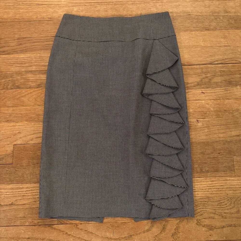 Express black white knee length pencil skirt with side ruffle size 2
 b34